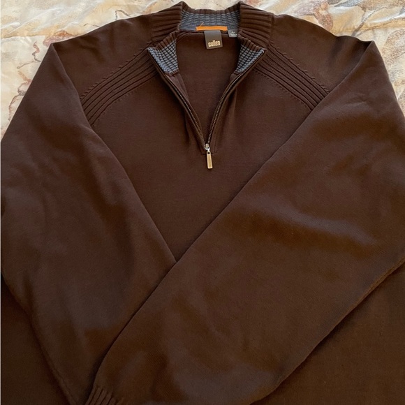 Cullen men’s brown 80% silk 1/4 zip mixed knit preppy cottage sweater, size L - Picture 8 of 15